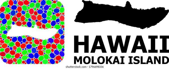 Vector mosaic and solid map of Molokai Island. Bright geographic map constructed as subtraction from rounded square with bright ovals. Mosaic map of Molokai Island created with ovals in various sizes.