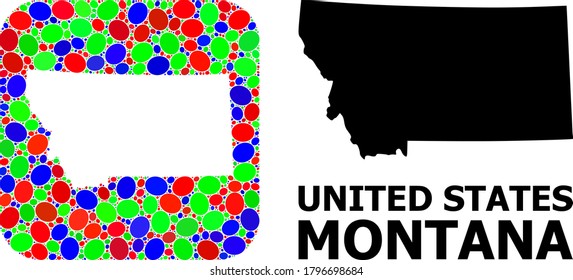 Vector mosaic and solid map of Montana State. Bright geographic map designed as stencil from rounded square with bright ovals. Mosaic map of Montana State designed with ovals in variable sizes.