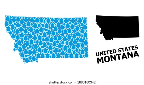 Vector mosaic and solid map of Montana State. Map of Montana State vector mosaic for drinking water ads. Map of Montana State is formed from blue clear water dews. Symbol for clear drinking water.
