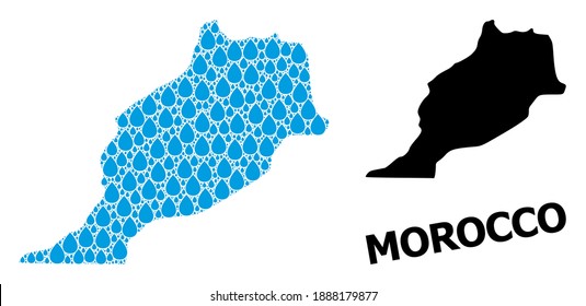 Vector mosaic and solid map of Morocco. Map of Morocco vector mosaic for drinking water ads. Map of Morocco is formed with blue clear liquid raindrops. Symbol for clear drinking water.