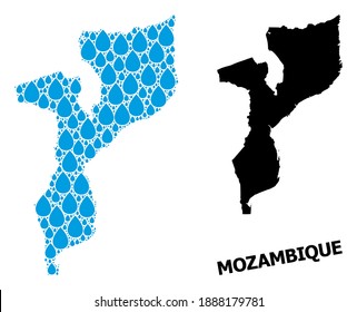 Vector mosaic and solid map of Mozambique. Map of Mozambique vector mosaic for drinking water ads. Map of Mozambique is formed with blue pure water dews. Symbol of clean drinking water.