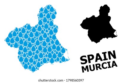 Vector mosaic and solid map of Murcia Province. Map of Murcia Province vector mosaic for pure water ads. Map of Murcia Province is composed with blue drinking water drops.