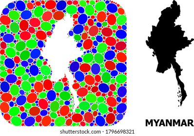 Vector mosaic and solid map of Myanmar. Bright geographic map designed as carved shape from rounded square with bright elliptic elements.