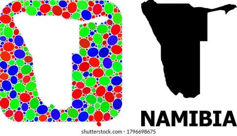 Vector mosaic and solid map of Namibia. Bright geographic map designed as carved shape from rounded square with bright elliptic elements.