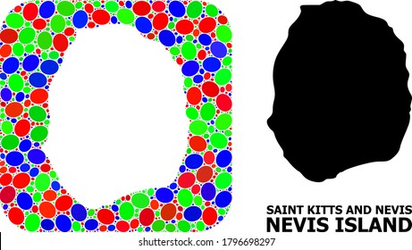 Vector mosaic and solid map of Nevis Island. Bright geographic map designed as hole from rounded square with bright ellipses. Collage map of Nevis Island designed with ellipses in various sizes.