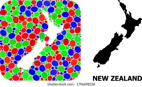 Vector mosaic and solid map of New Zealand. Bright geographic map created as stencil from rounded square with bright elliptic elements.