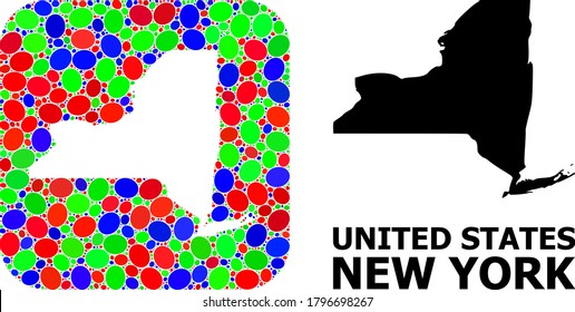 Vector mosaic and solid map of New York State. Bright geographic map designed as subtraction from rounded square with bright ellipses.