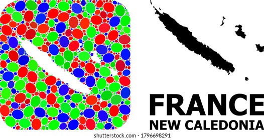 Vector mosaic and solid map of New Caledonia. Bright geographic map constructed as hole from rounded square with bright ovals. Mosaic map of New Caledonia created with ellipses in various sizes.