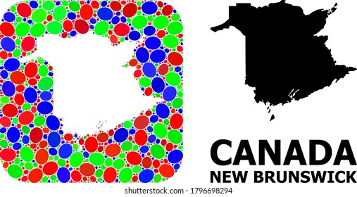 Vector mosaic and solid map of New Brunswick Province. Bright geographic map created as subtraction from rounded square with bright ovals.