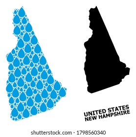 Vector mosaic and solid map of New Hampshire State. Map of New Hampshire State vector mosaic for pure water ads. Map of New Hampshire State is designed with blue pure water raindrops.