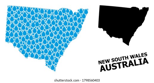 Vector mosaic and solid map of New South Wales. Map of New South Wales vector mosaic for clean water ads. Map of New South Wales is designed with blue clean liquid dews.