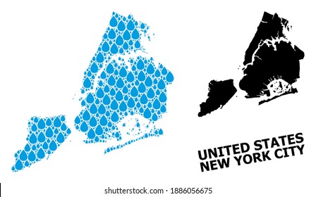 Vector mosaic and solid map of New York City. Map of New York City vector mosaic for pure water ads. Map of New York City is created from blue clear water raindrops. Symbol of clear drinking water.