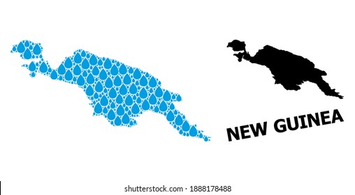 Vector mosaic and solid map of New Guinea Island. Map of New Guinea Island vector mosaic for drinking water ads. Map of New Guinea Island is designed with blue pure liquid drops.