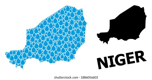 Vector mosaic and solid map of Niger. Map of Niger vector mosaic for clean water ads. Map of Niger is created with blue drinking liquid dews. Symbol for clear drinking water.