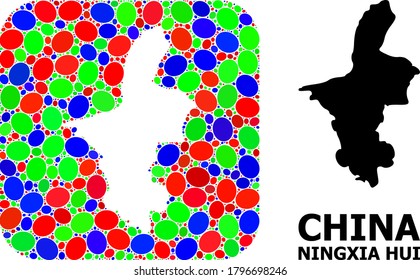 Vector mosaic and solid map of Ningxia Hui Region. Bright geographic map created as stencil from rounded square with bright elliptic elements.