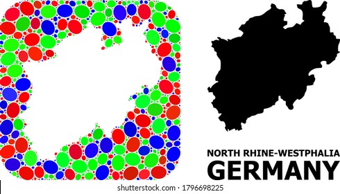 Vector mosaic and solid map of North Rhine-Westphalia State. Bright geographic map constructed as carved shape from rounded square with bright elliptic elements.