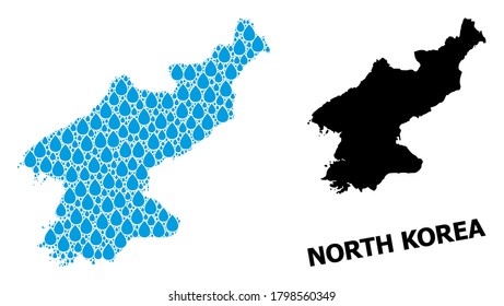 Vector mosaic and solid map of North Korea. Map of North Korea vector mosaic for pure water ads. Map of North Korea is created with blue pure water raindrops. Symbol of pure drinking water.