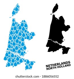 Vector mosaic and solid map of North Holland. Map of North Holland vector mosaic for drinking water ads. Map of North Holland is created with blue pure aqua drops. Symbol of pure drinking water.