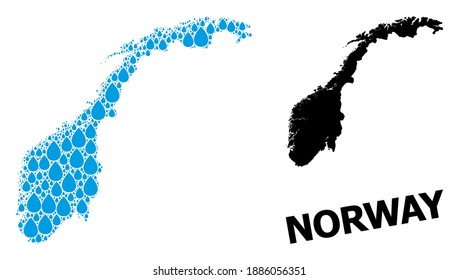 Vector mosaic and solid map of Norway. Map of Norway vector mosaic for pure water ads. Map of Norway is created with blue clean water tears. Symbol of pure drinking water.
