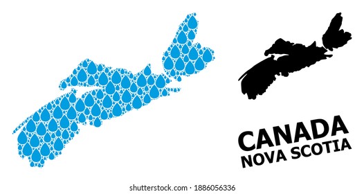 Vector mosaic and solid map of Nova Scotia Province. Map of Nova Scotia Province vector mosaic for drinking water ads. Map of Nova Scotia Province is designed from blue drinking water drops.