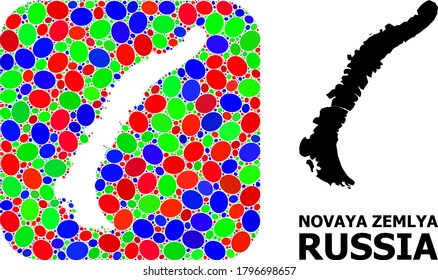 Vector mosaic and solid map of Novaya Zemlya Islands. Bright geographic map designed as hole from rounded square with bright elliptic elements.
