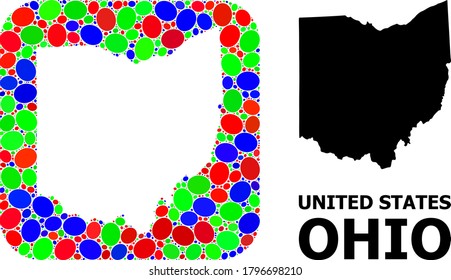 Vector mosaic and solid map of Ohio State. Bright geographic map designed as stencil from rounded square with bright elliptic elements.