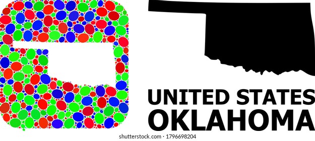 Vector mosaic and solid map of Oklahoma State. Bright geographic map designed as carved shape from rounded square with bright elliptic elements.