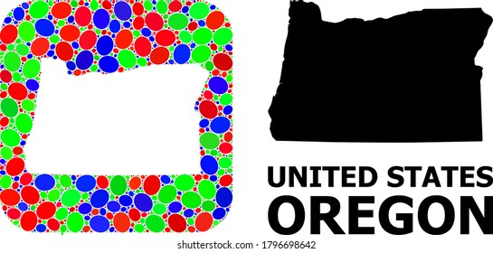 Vector mosaic and solid map of Oregon State. Bright geographic map constructed as carved shape from rounded square with bright elliptic elements.