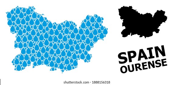 Vector mosaic and solid map of Ourense Province. Map of Ourense Province vector mosaic for pure water ads. Map of Ourense Province is composed with blue pure water tears.