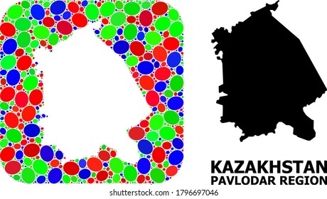 Vector mosaic and solid map of Pavlodar Region. Bright geographic map created as stencil from rounded square with bright elliptic elements.