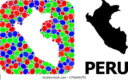 Vector mosaic and solid map of Peru. Bright geographic map designed as subtraction from rounded square with bright ovals. Mosaic map of Peru designed with ovals in various sizes.