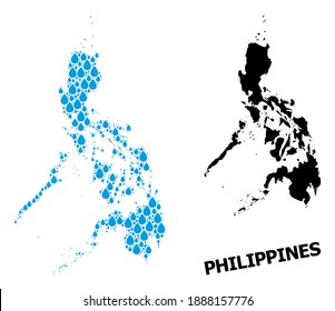 Vector mosaic and solid map of Philippines. Map of Philippines vector mosaic for clean water ads. Map of Philippines is formed with blue clean liquid dews. Symbol of clean drinking water.