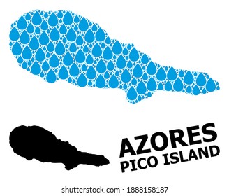 Vector mosaic and solid map of Pico Island. Map of Pico Island vector mosaic for pure water ads. Map of Pico Island is created with blue clear aqua tears. Symbol of pure drinking water.