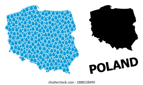 Vector mosaic and solid map of Poland. Map of Poland vector mosaic for drinking water ads. Map of Poland is formed with blue clean water dews. Symbol of clean drinking water.