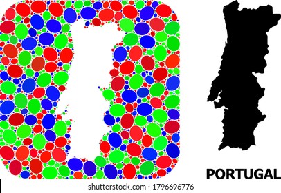 Vector mosaic and solid map of Portugal. Bright geographic map created as stencil from rounded square with bright elliptic elements.