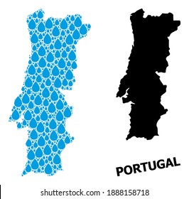 Vector mosaic and solid map of Portugal. Map of Portugal vector mosaic for clean water ads. Map of Portugal is designed with blue clean liquid tears. Symbol of clear drinking water.