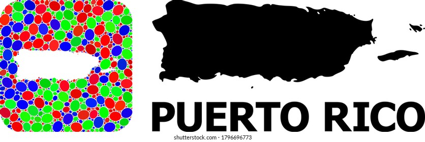 Vector mosaic and solid map of Puerto Rico. Bright geographic map designed as subtraction from rounded square with bright elliptic elements.