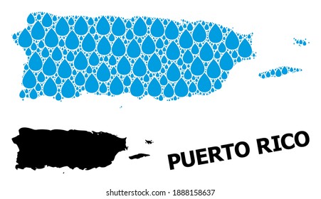 Vector mosaic and solid map of Puerto Rico. Map of Puerto Rico vector mosaic for drinking water ads. Map of Puerto Rico is designed from blue drinking water raindrops. Symbol for clean drinking water.