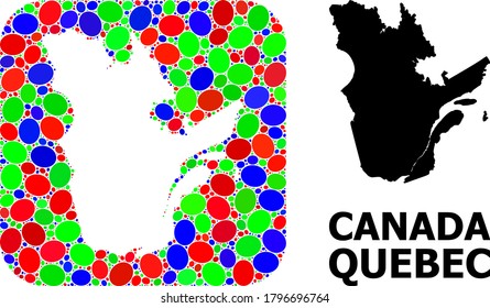 Vector mosaic and solid map of Quebec Province. Bright geographic map created as hole from rounded square with bright elliptic elements.