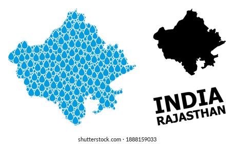 Vector mosaic and solid map of Rajasthan State. Map of Rajasthan State vector mosaic for drinking water ads. Map of Rajasthan State is formed with blue drinking water tears.