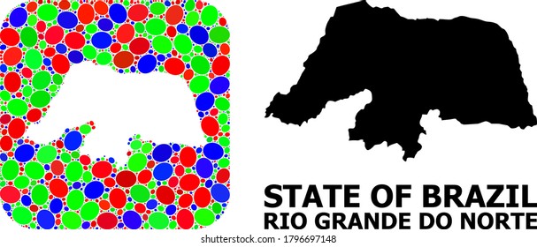 Vektor-Mosaik und solide Karte des Rio Grande do Norte State. Helle geografische Karte, die als Schablone aus dem abgerundeten Quadrat mit hellen elliptischen Elementen erstellt wurde.