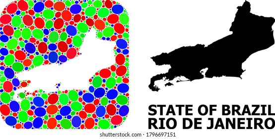 Vector mosaic and solid map of Rio de Janeiro State. Bright geographic map designed as carved shape from rounded square with bright ovals.