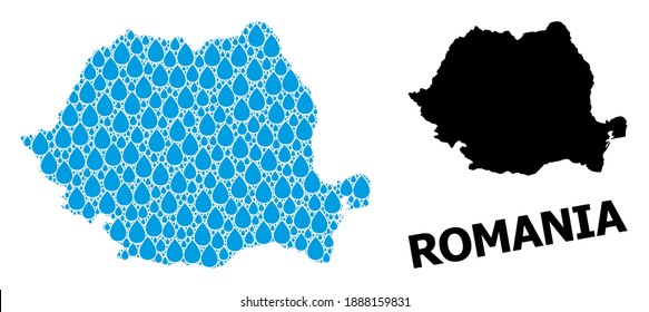 Vector mosaic and solid map of Romania. Map of Romania vector mosaic for drinking water ads. Map of Romania is formed with blue drinking liquid dews. Symbol for pure drinking water.