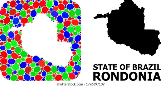 Mosaico vectorial y mapa sólido del estado de Rondonia. Mapa geográfico luminoso diseñado como esténcil a partir de cuadrado redondeado con óvalos brillantes. Mapa de grupos del estado de Rondonia diseñado con ovales de varios tamaños.