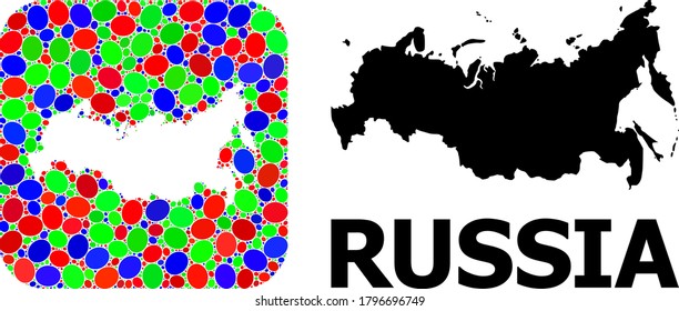 Vector mosaic and solid map of Russia. Bright geographic map created as hole from rounded square with bright elliptic elements. Collage map of Russia created with elliptic elements in various sizes.