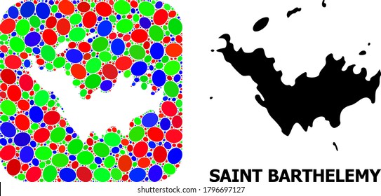 Vector mosaic and solid map of Saint Barthelemy. Bright geographic map created as hole from rounded square with bright ellipses. Mosaic map of Saint Barthelemy created with ellipses in variable sizes.
