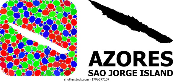Vector mosaic and solid map of Sao Jorge Island. Bright geographic map constructed as hole from rounded square with bright elliptic elements.