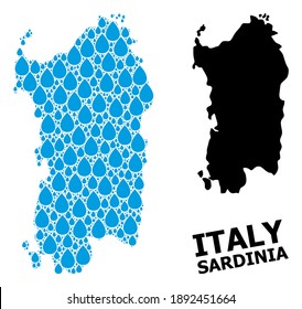 Vector mosaic and solid map of Sardinia region. Map of Sardinia region vector mosaic for pure water ads. Map of Sardinia region is formed with blue pure water drops. Symbol for clear drinking water.