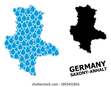 Vector mosaic and solid map of Saxony-Anhalt State. Map of Saxony-Anhalt State vector mosaic for drinking water ads. Map of Saxony-Anhalt State is composed with blue clear water raindrops.
