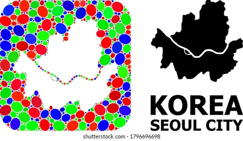 Vector mosaic and solid map of Seoul Municipality. Bright geographic map constructed as hole from rounded square with bright elliptic elements.